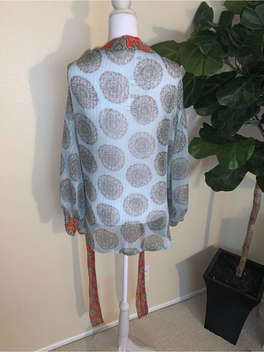 Free People Cool Blue Paisley Print Top with Coral Trim - Picture 6 of 8